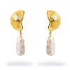 Ebru Jewelry Women's Gold / White Sea Shell Design Pearl Dangle Earrings - Gold
