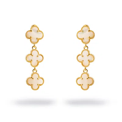 Ebru Jewelry Women's Gold / White Triple Pearl Clover Gold Dangle Elegant Earrings - White
