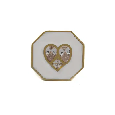 Ebru Jewelry Women's Gold / White Valentine's Diamond Heart White Enamel Gold Statement Ring - White
