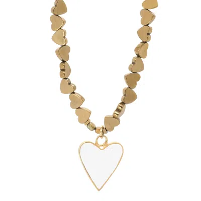 Ebru Jewelry Women's Gold / White White Heart Pendant Gold Hematite Stone Heart Shape Chain Necklace - Gold In Metallic
