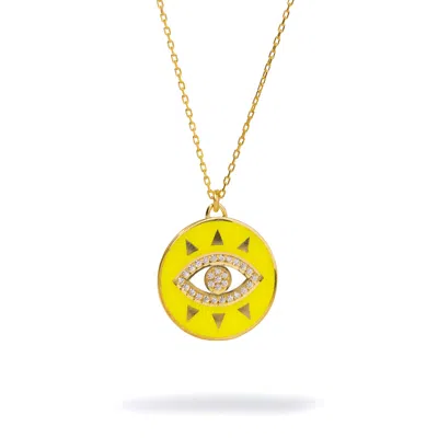 Ebru Jewelry Women's Gold / Yellow / Orange Cheerful Neon Yellow Evil Eye & Diamond Pendant Gold Chain Necklace -