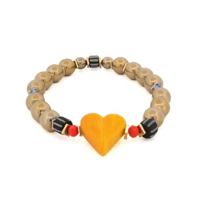 Ebru Jewelry Women's Gold / Yellow / Orange Murano Glass Yellow Heart Gold Hematite Stone Beaded Bracelet - Yello In Multi