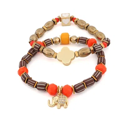 Ebru Jewelry Women's Gold / Yellow / Orange Soulful Journey Gold Beaded Bracelet Set With Heart & Elephant - Oran