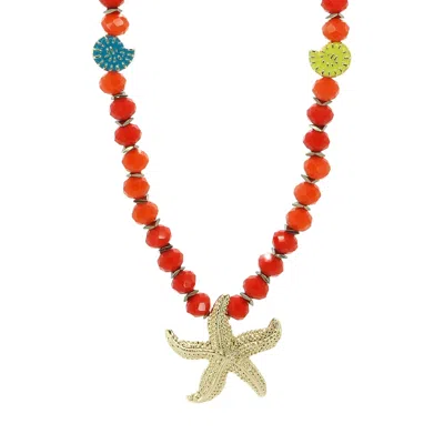 Ebru Jewelry Women's Gold / Yellow / Orange Summer Joy Starfish & Shell Beaded Necklace - Red