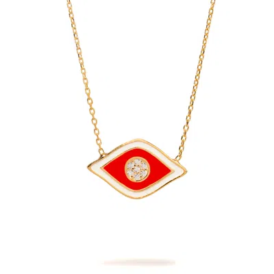Ebru Jewelry Women's Gold / Yellow / Orange Vivid Orange Enamel Evil Eye Pendant Gold & Diamond Necklace - Orange