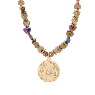 Ebru Jewelry Women's Good Luck Symbol Design Pendant Hematite Beaded Necklace - Gold