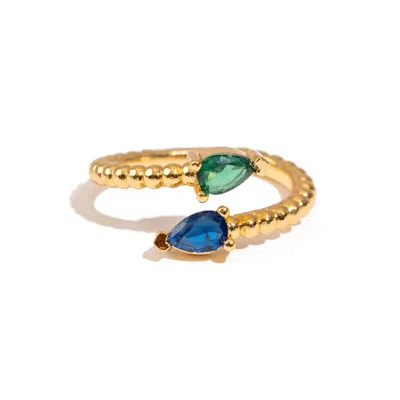 Ebru Jewelry Women's Green / Blue / Gold Sapphire & Emerald Teardrop Glow Gold Adjustable Ring - Multicolour