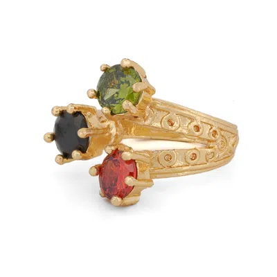 Ebru Jewelry Women's Green / Blue / Red Elemental Trio Carnelian Onyx Emerald Gold Ring - Multicolor