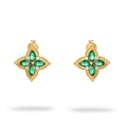 Ebru Jewelry Women's Green / Gold Emerald Clover Bloom Gold Stud Earrings - Green