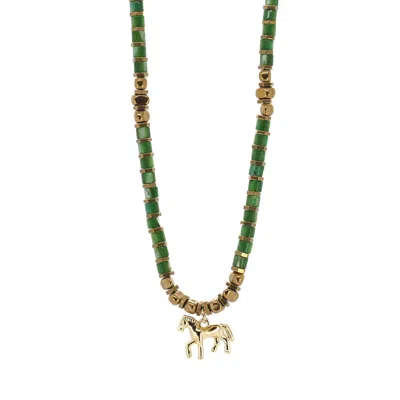 Ebru Jewelry Women's Green / Gold Free Spirit Horse Charm Choker Necklace - Gold