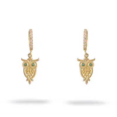 Ebru Jewelry Women's Green / Gold Mystic Owl Emerald Eye Gold Earrings - Gold