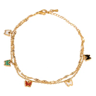Ebru Jewelry Women's Green / Gold Rainbow Butterfly Charm Gold Anklet
