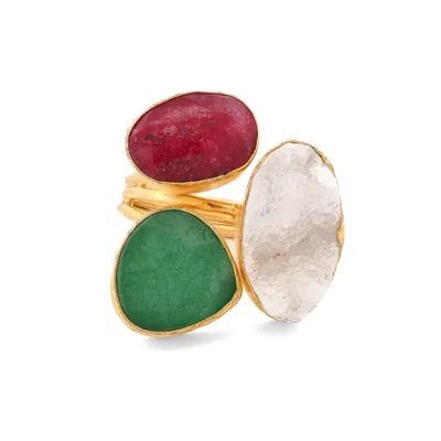 Ebru Jewelry Women's Green / Red / Gold Divine Earth Triple Adjustable Gemstone Ring - Multicolour