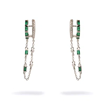 Ebru Jewelry Women's Green / Silver Emerald Stone Design Sterling Silver & Diamond Dangle Earrings - Green In Multi