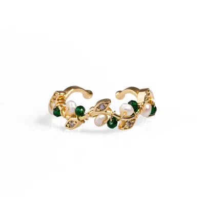 Ebru Jewelry Women's Green / White / Gold Cleopatra Pearl & Jade Floral Minimalist Dainty Ring - Green