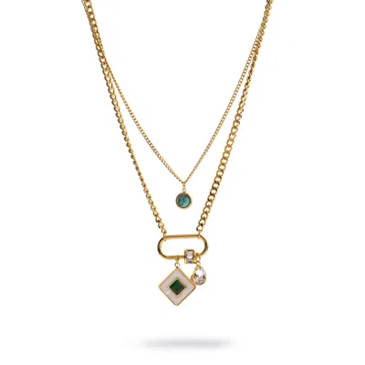 Ebru Jewelry Women's Green / White / Gold Emerald Charm Layered Gold Necklace - Gold