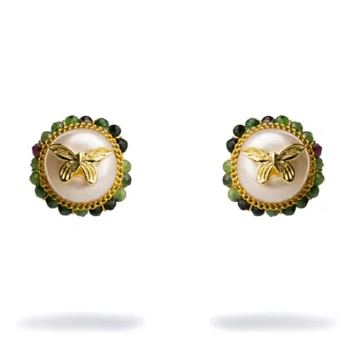 Ebru Jewelry Women's Green / White / Gold Jade Halo Pearl & Gold Butterfly Stud Earrings - Green In Multi