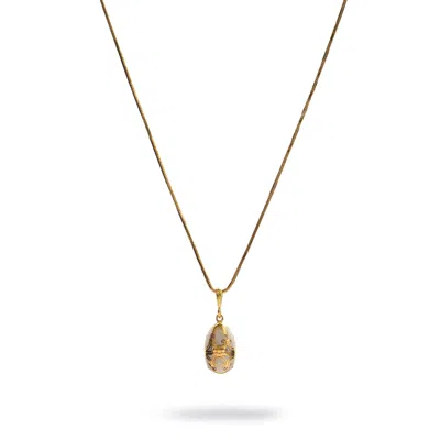 Ebru Jewelry Women's Green / White / Gold Lucky Clover White Enamel Egg Gold Necklace - Gold