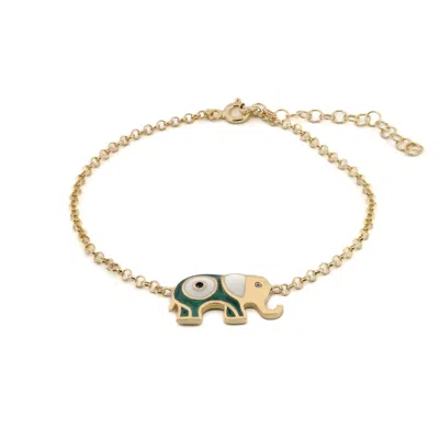 Ebru Jewelry Women's Green / White / Gold Wishful Elephant & Evil Eye Green Enamel Gold Chain Bracelet - Green