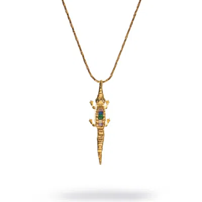 Ebru Jewelry Women's Guardian Crocodile Multicolor Crystal Gold Necklace - Gold