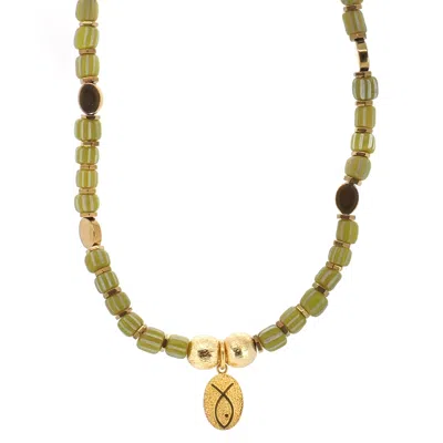 Ebru Jewelry Women's Lucky Fish Olive Beaded Choker Necklace - Gold In Green