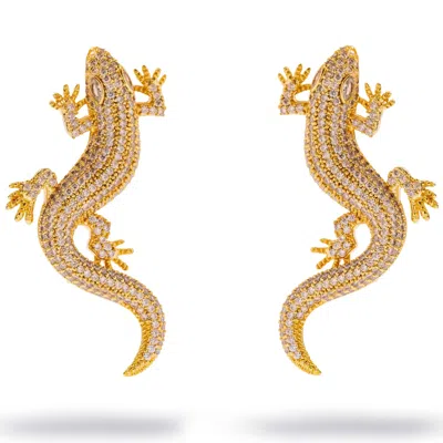 Ebru Jewelry Women's Lucky Gecko Pave Zircon Gold Statement Earrings - Gold