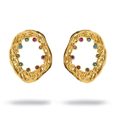 Ebru Jewelry Women's Mosaic Of Light Multicolor Gemstone Filigree Gold Oval Earrings - Gold