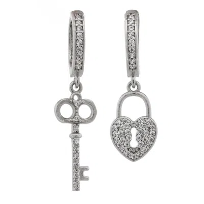 Ebru Jewelry Women's My Heart Is Yours Key & Heart Lock Silver Diamond Earrings - Silver