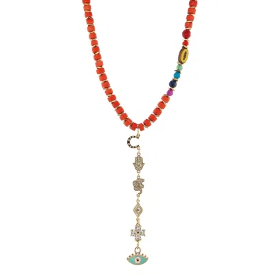 Ebru Jewelry Women's Orange / Gold / Red Sacred Harmony Coral & Evil Eye Necklace - Gold