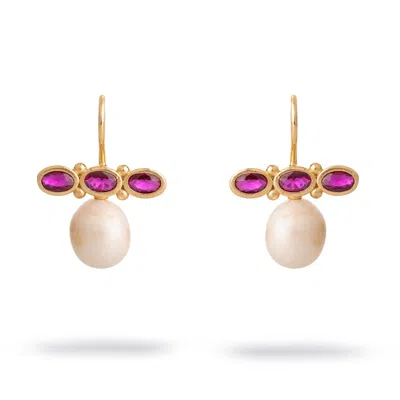 Ebru Jewelry Women's Pink / Gold / White Royal Ruby Pearl Drop Earrings - Pink