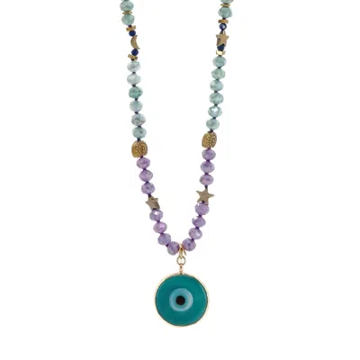 Ebru Jewelry Women's Pink / Purple / Blue Pastel Colors Beaded Evil Eye Pendant Spring Necklace - Turquoise