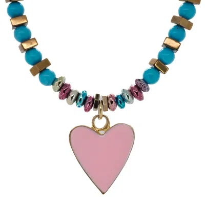 Ebru Jewelry Women's Pink / Purple / Gold Turquoise Stone Beaded Pink Heart Pendant Necklace - Pink