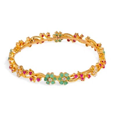 Ebru Jewelry Women's Pink / Purple / Gold Victorian Floral Emerald & Ruby Gemstone Bangle Bracelet - Multicolor
