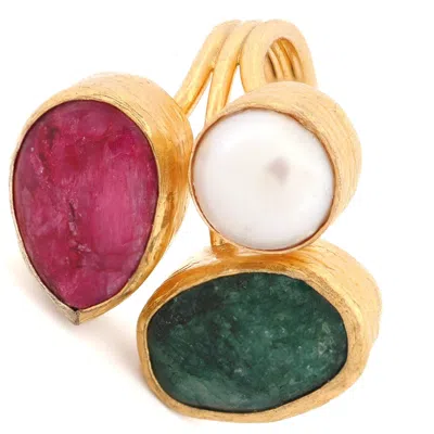 Ebru Jewelry Women's Pink / Purple / White Sacred Calm Trio Gemstone Adjustable Ring - Multicolour