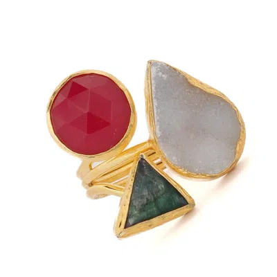 Ebru Jewelry Women's Pink / Purple / White Sacred Geometry Triple Energy Gemstone Ring - Multicolour