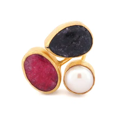 Ebru Jewelry Women's Pink / Purple / White Sacred Harmony Triple Gemstone Statement Ring - Gold In Multi