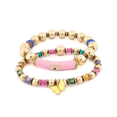 Ebru Jewelry Women's Pink / Purple / Yellow Butterfly Pink Evil Eye Harmony Beaded Bracelet Set - Multicolor