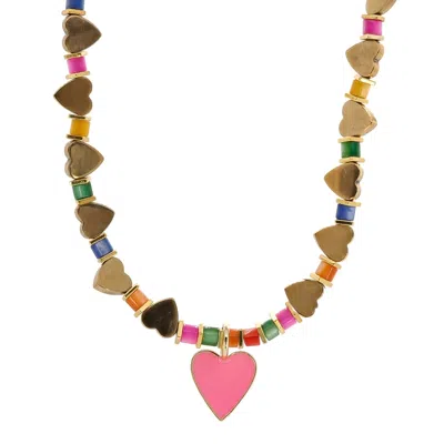 Ebru Jewelry Women's Pink / Purple / Yellow Pink Heart Pendant Gold Heart Beaded Colorful Necklace - Pink In Brown
