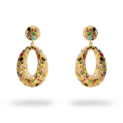 Ebru Jewelry Women's Red / Gold / Blue Multi Gemstone & Gold Stylish Look Chunky Dangle Earrings - Multicolor