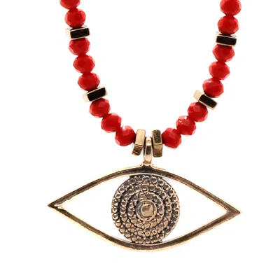 Ebru Jewelry Women's Red / Gold Christmas Vibe Watchful Evil Eye Pendant Red Beaded Necklace - Red
