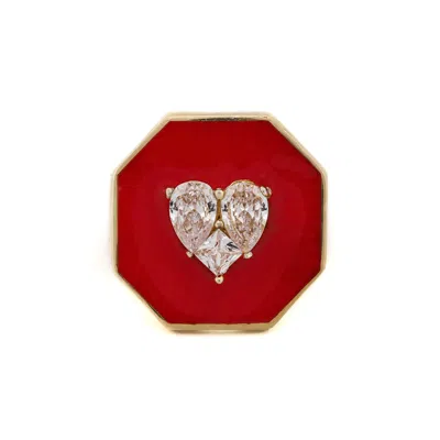 Ebru Jewelry Women's Red / Gold Love Red Enamel Magical Diamond Heart Adjustable Statement Ring - Red