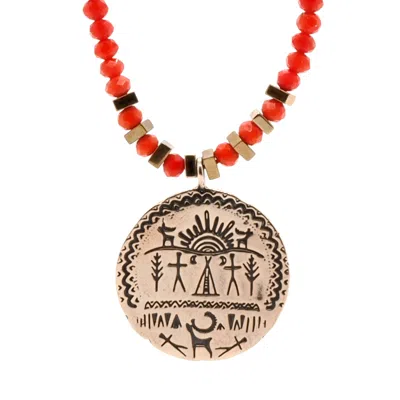 Ebru Jewelry Women's Red / Gold Powerful Shaman Symbol Pendant Red Beaded Necklace - Gold