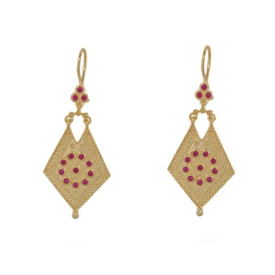 Ebru Jewelry Women's Gold / Pink Vintage Style Gold & Ruby Design Dangle Earrings - Pink