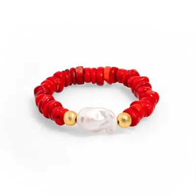 Ebru Jewelry Women's Red / Gold / White Coral & Pearl Beaded Red Bracelet - Red