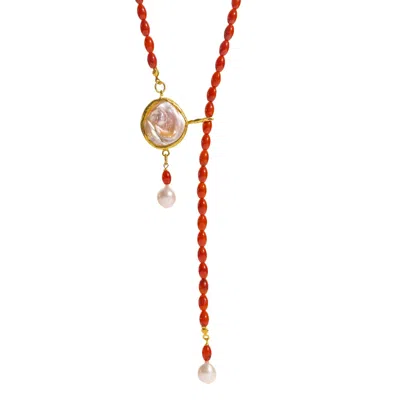 Ebru Jewelry Women's Red / Gold / White Coral Vitality Pearl Lariat Necklace - Red In Red/gold/white