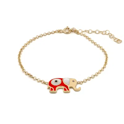 Ebru Jewelry Women's Red / Gold / White Wishful Elephant & Evil Eye Red Enamel Gold Chain Bracelet - Red