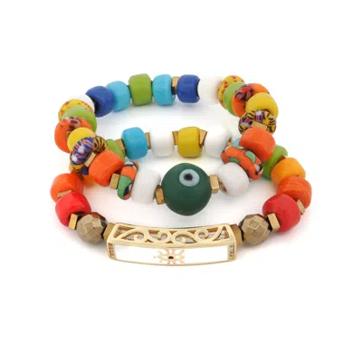 Ebru Jewelry Women's Red / Yellow / Orange Colorful Protection Evil Eye Charm Ceramic Bracelet Duo - Multicolor