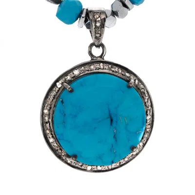 Ebru Jewelry Women's Silver / Blue Pave Diamond & Turquoise Gemstone Pendant Silver Heart Hematite Stone Beaded N
