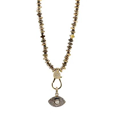 Ebru Jewelry Women's Silver / Gold Pave Diamond Evil Eye Pendant Gold Hematite Stone Unique Beaded Necklace - Gol In Brown