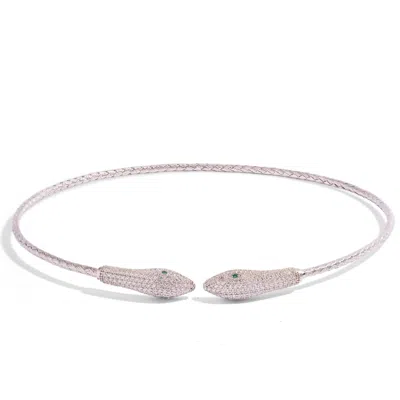 Ebru Jewelry Women's Silver / Green Serpent Sisters Emerald Eyes Woven Silver Choker Necklace - Gold In Silver/green